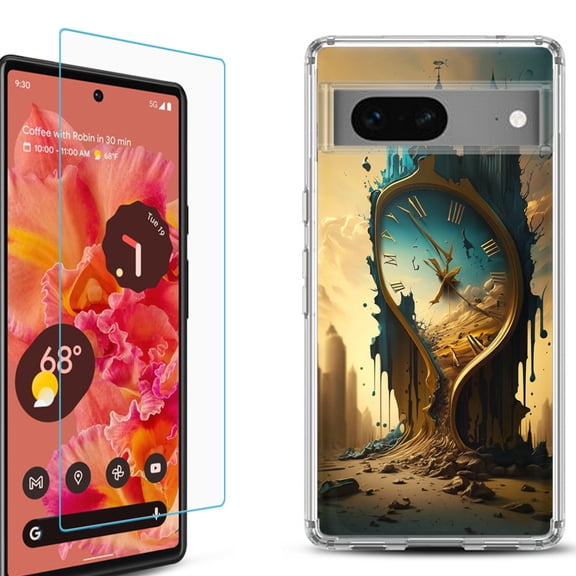 OneToughShield ® for Google Pixel 7a Shockproof Bumper Phone Case, with Tempered Glass Screen Protector - Melting Clock