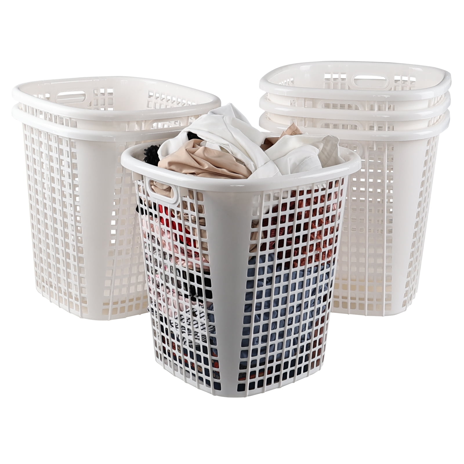 Haodehen 6 Packs Tall Plastic Laundry Baskets, 15.76" x 15.76" x 16.5", Dirty Clothes Hamper with Cut Out Handle, Ventilated, White