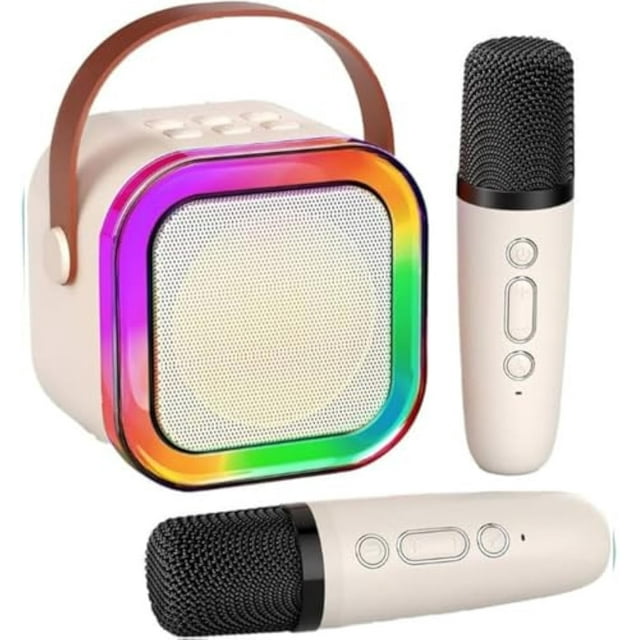 Mini Karaoke Machine with Wireless Microphones, Portable Bluetooth Speaker Player with LED Party Lights, Small Set for Adults, Home Entertainment Outdoor and Travel Gifts(White)