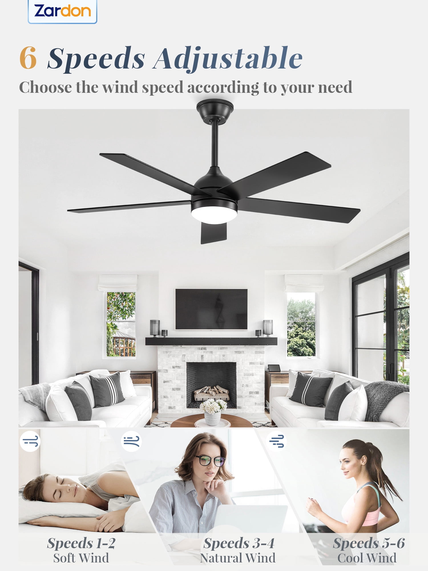 Zardon 48in Ceiling Fans with Light and Remote Control, Modern Flush Mount Ceiling Fans with 6-Speed for Indoor, Outdoor, Black