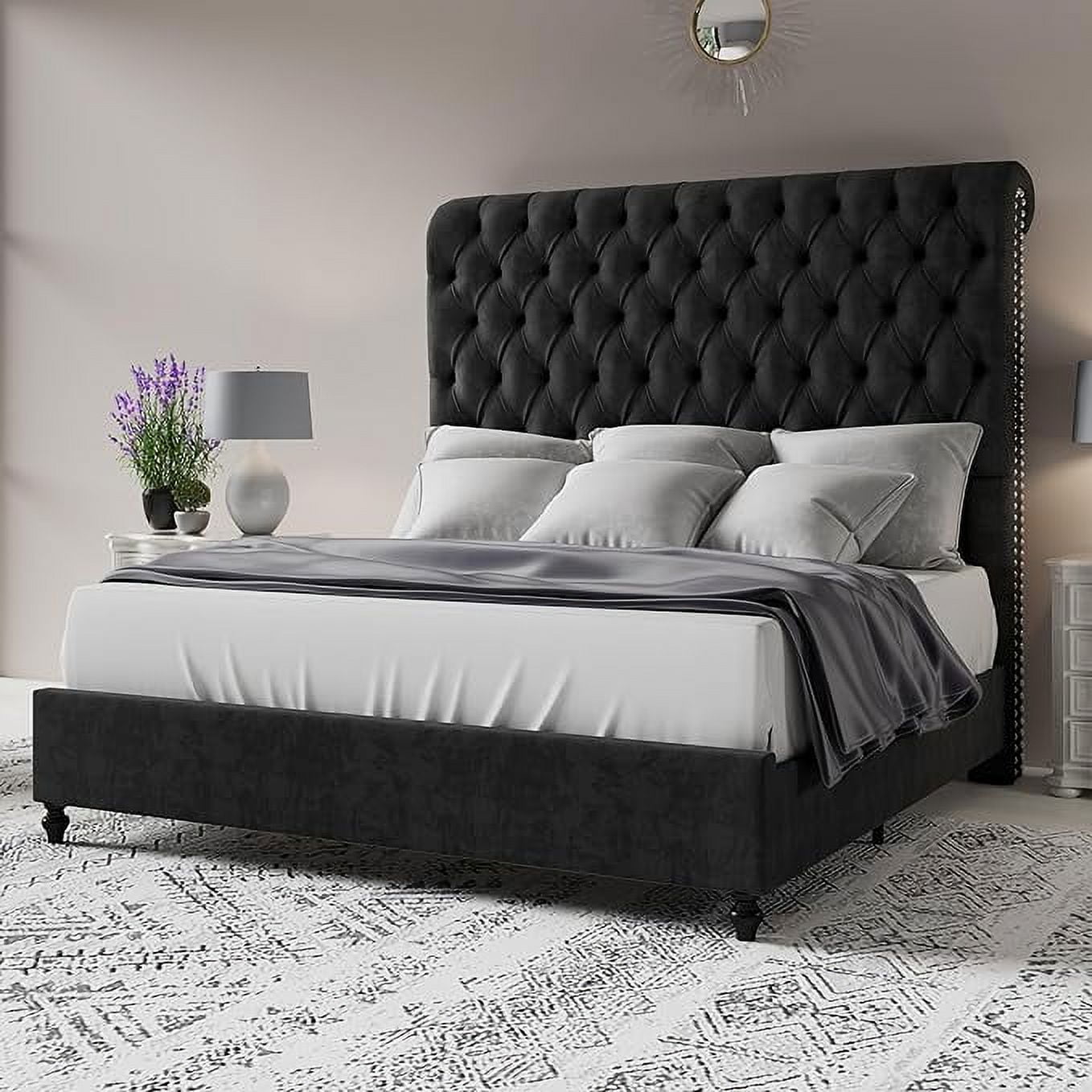 Merluxy King Bed Frame with 59.1" Sleigh Headboard,Velvet Upholstered,No Box Spring Needed,Black