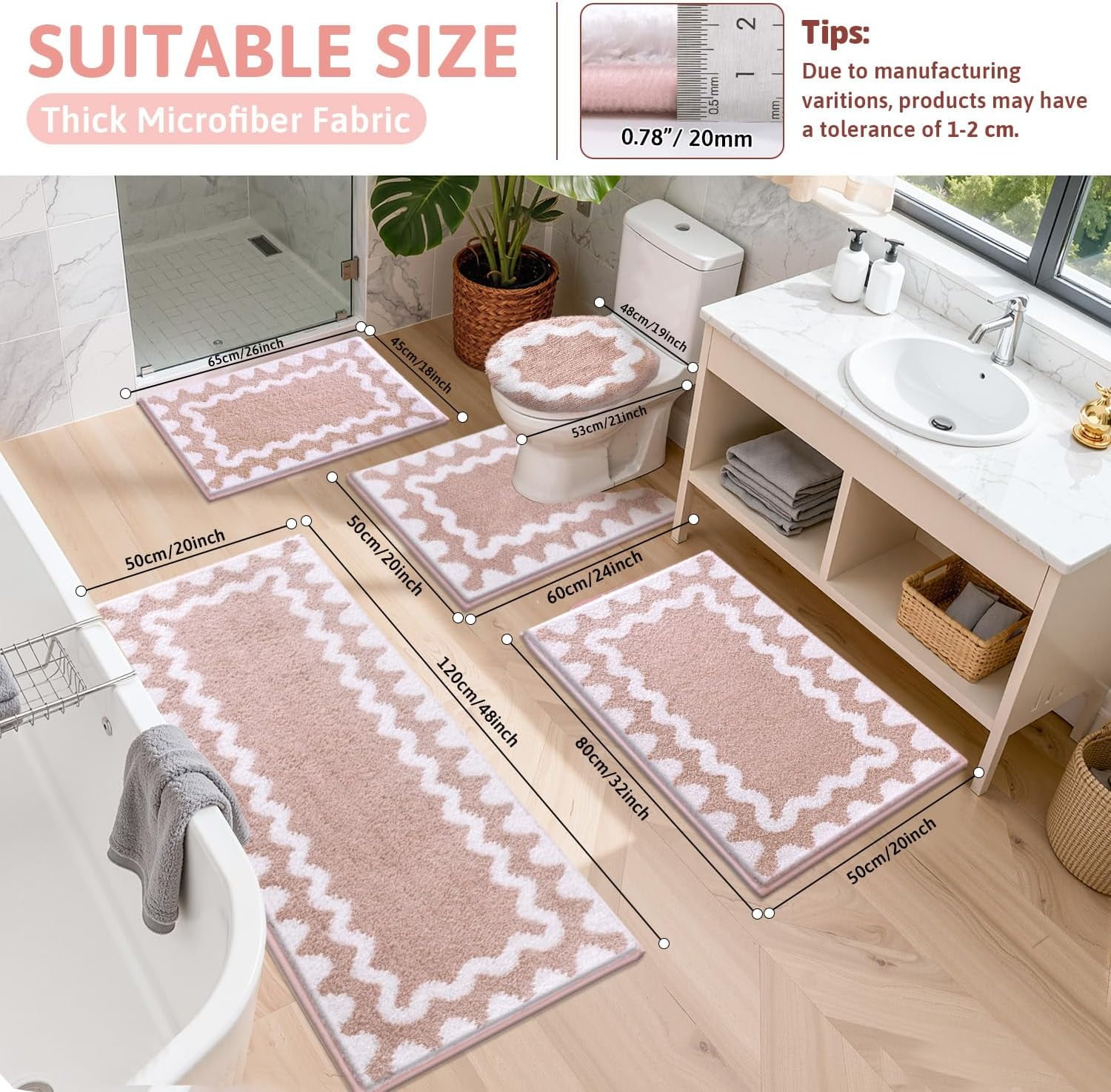 Bathroom Rugs Sets 5 Piece, Absorbent Soft Non-Slip Washable Microfiber Shaggy Bath Mat Set with Bathroom Runner Rug, U-Shaped Toilet Rugs, Shower Rug & Toilet Lid Cover, Navy-White