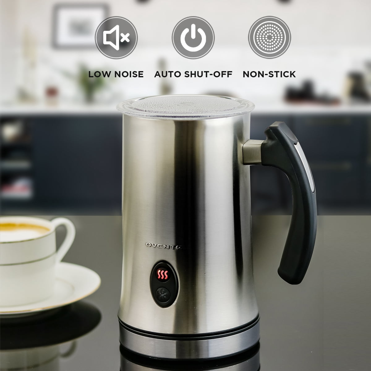 Ovente Electric Double Wall Insulated Non Stick Milk Frother and Steamer Hot & Cold 5 Ounce 10 Ounce Heated Capacity Warmer Whisker for Latte Cappuccino Espresso Coffee Hot Chocolate Silver FR4810BR