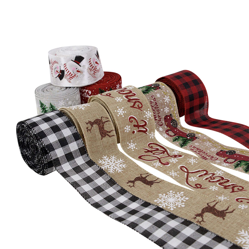 5m/roll Merry Christmas Tree Car Elk Printed Burlap Ribbons For Gift Wrapping Xmas New Year Decoration Handmade Wreath Bows