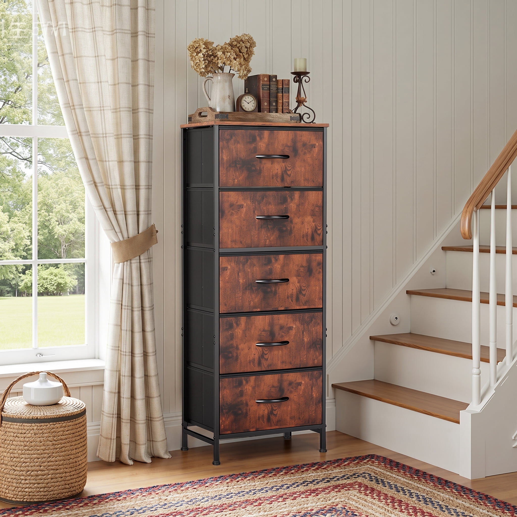 TrumanPick Fabric Storage Drawer Bedroom Dresser, Tall Dresser for Closet, 5 Fabric Dresser with 5 Storage Drawers for Clothes, Living Room, Hallway, Entryway, Rust