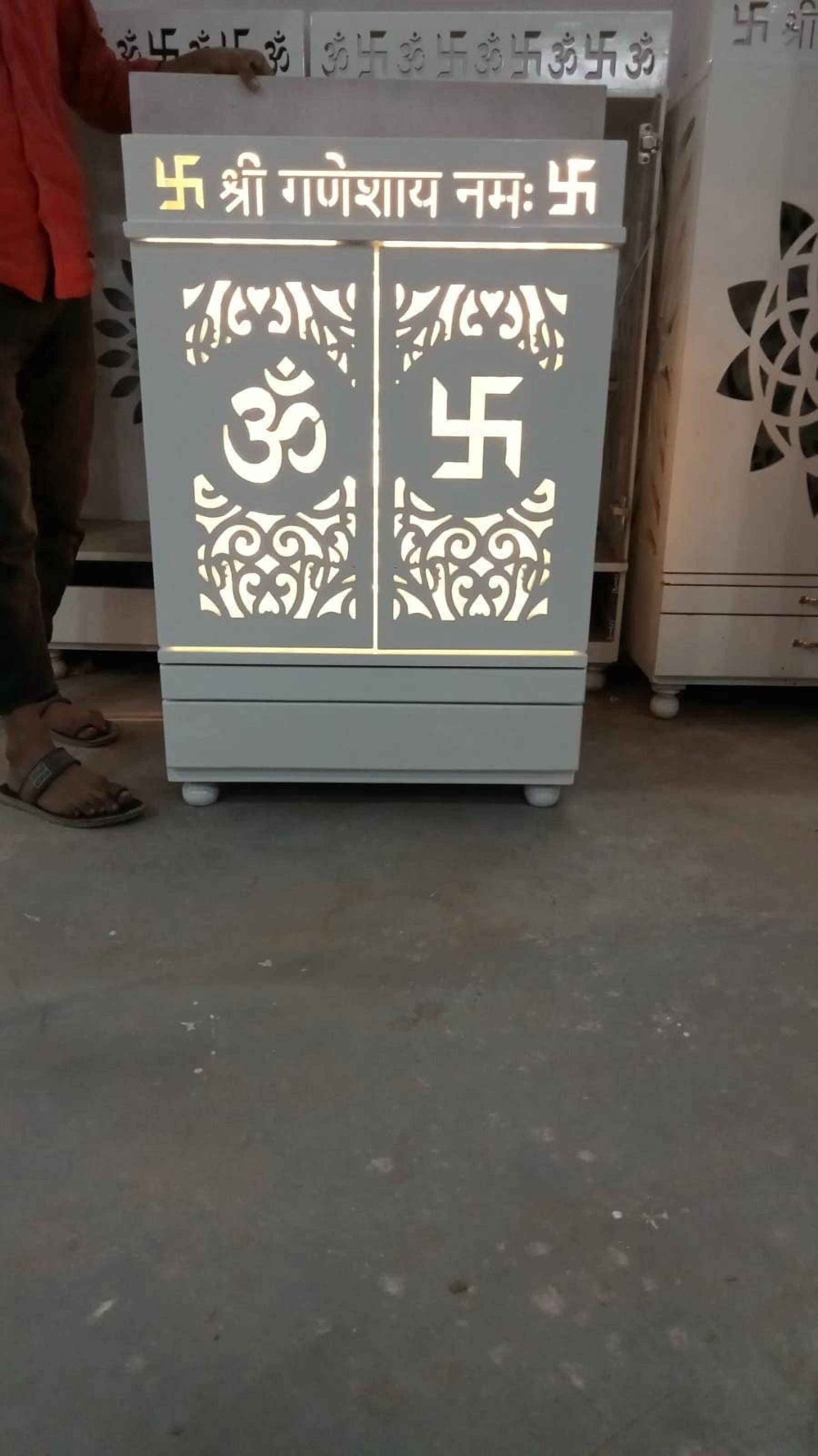 White Wooden Temple For Home With LED Lights / Designer Mandir With Doors And Cabinets / Pooja Mandir /Pooja Mandap/Pooja Ghar /Hindu Temple
