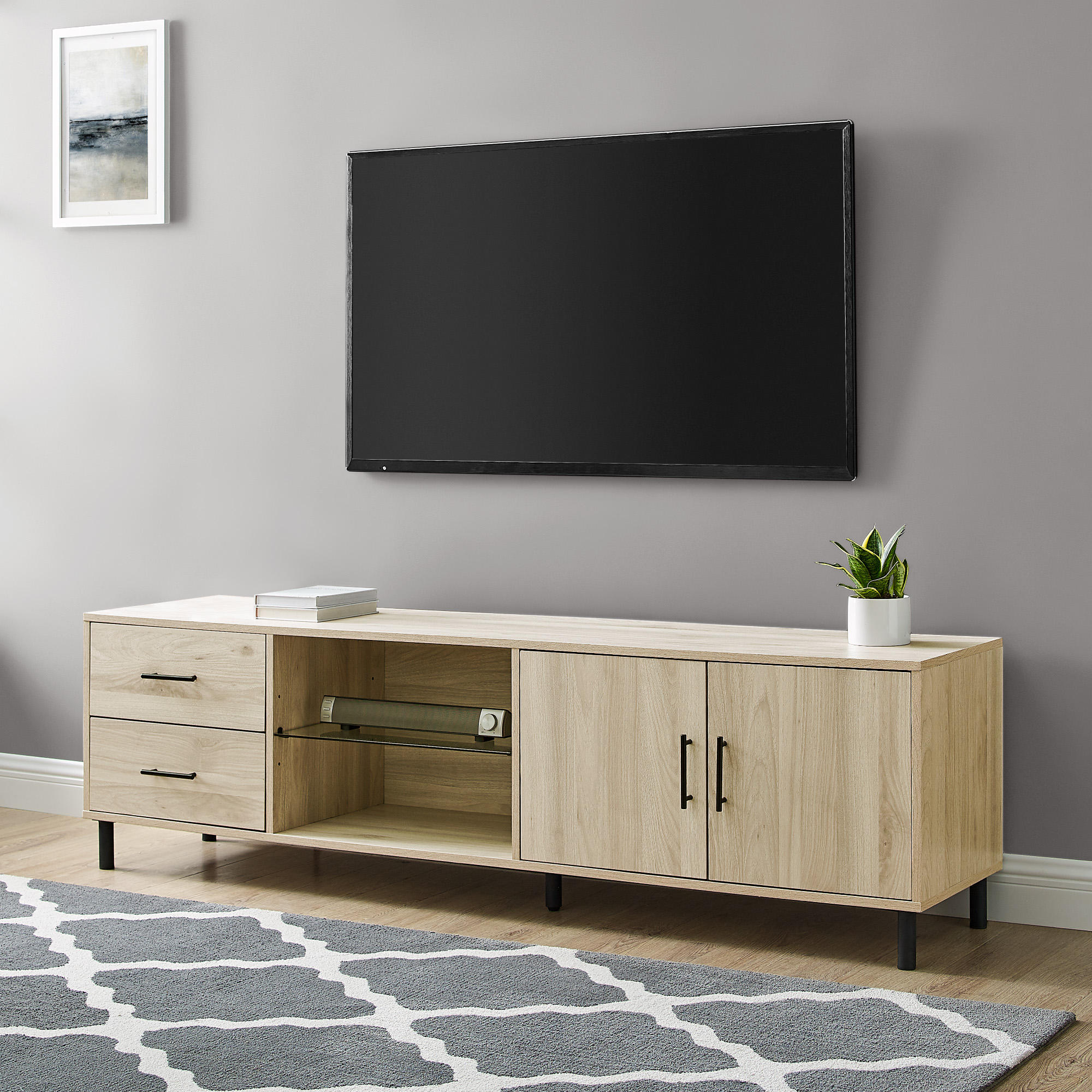 Manor Park Modern Wood Glass Shelf TV Stand for TVs up to 80", Birch