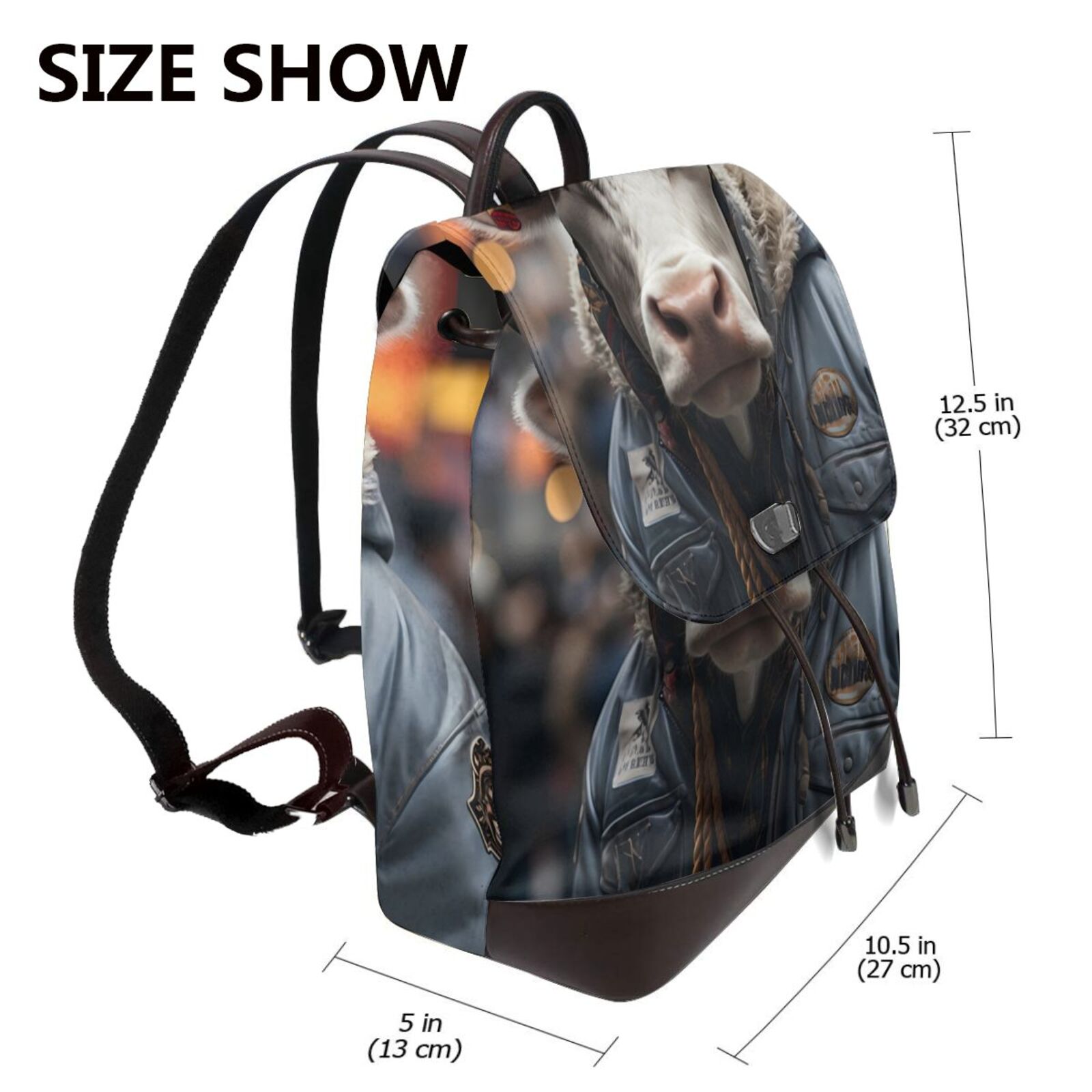 Xecao Surrealist Cow Print Large Backpack Soft Leather for Women Travel with Compartment, Adjustable Convertible Strap