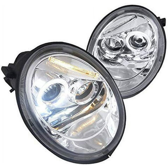 Halo Projector Headlight In Chrome Housing Clear Lens Made For And Compatible With 1998 - 2005 VW Volkswagen Beetle 98 99 00 01 02 03 04 05