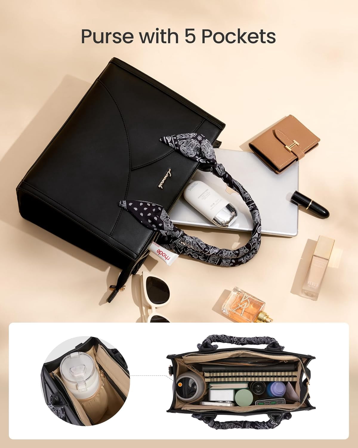 LOVEVOOK Medium Purses and Handbags for Women, Satchel Top Handle Bag with Strap, PU Leather Tote Shoulder Purse with Scarf