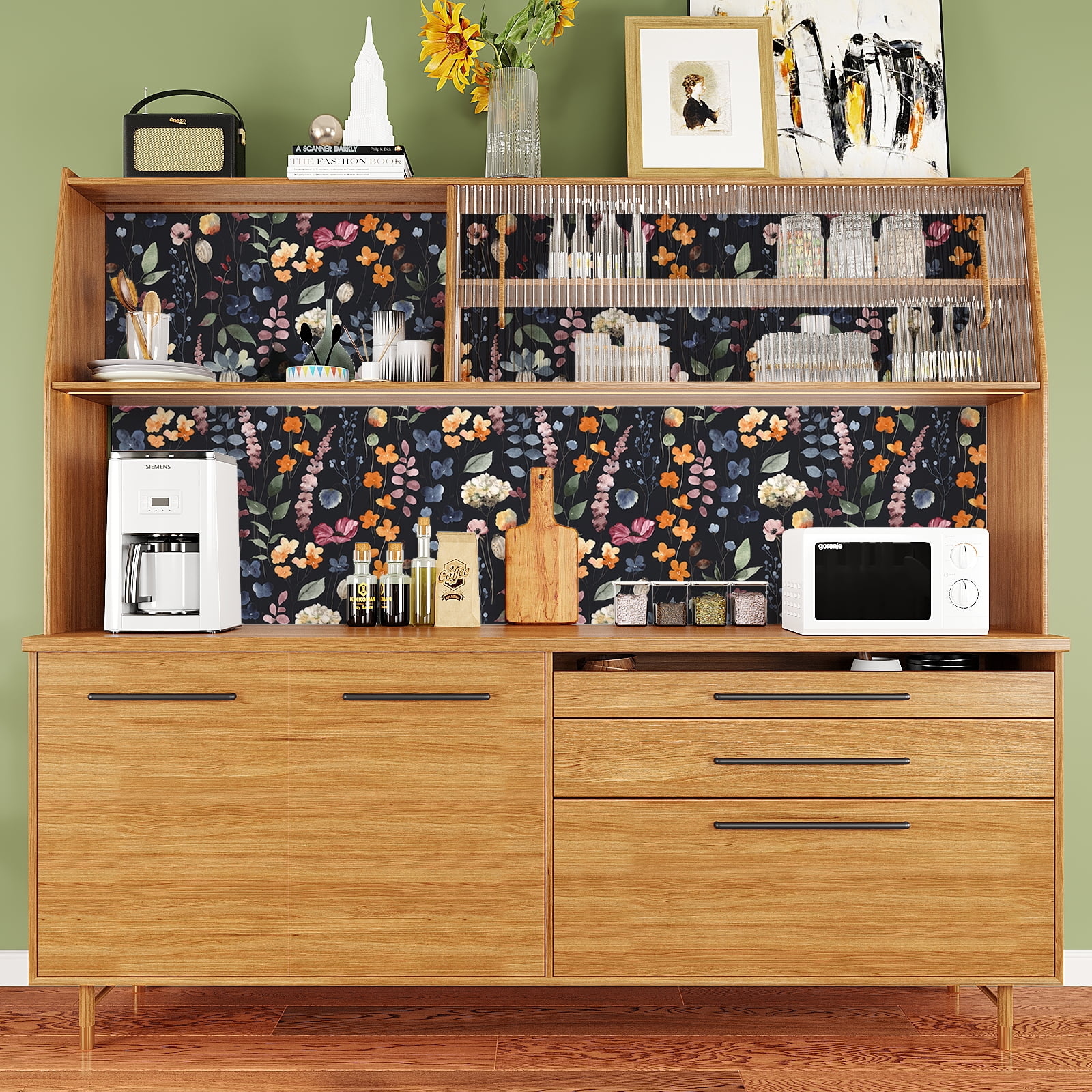 VEELIKE 17.7''x354'' Dark Pressed Flowers Floral Wallpaper Vintage Floral Peel and Stick Wallpaper for Bathroom Removable Wallpaper Decorative Contact Paper Mural for Bedroom Walls Cabinets Shelves