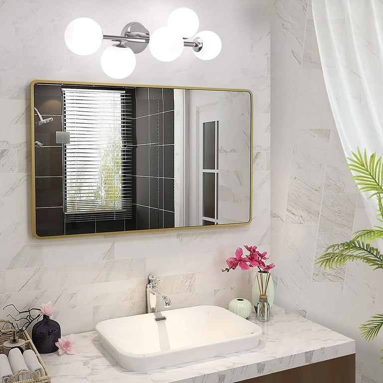 3-Light Mid Century Modern Chrome Bathroom Vanity Light - Milk Glass Globes, G9 Base