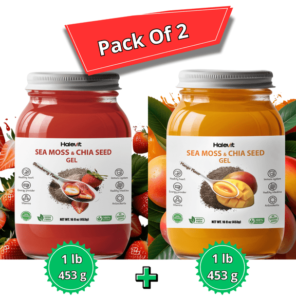Irish Sea Moss Gel | Sea Moss, Chia Seeds, Strawberry, Mango, Pack Of 2 Jars | Made In USA
