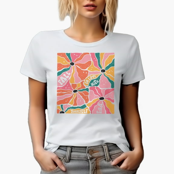 Distressed Fall in Love with Yourself First - Boho Flower Art Merch Gift, White T-Shirt, Small