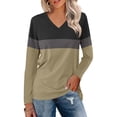 thumbnail image 2 of Spring Tops For Women Summer Color Block V Neck Long Sleeve Loose Casual Fashion Shirts Pullover Tee Shirts Holiday Wear,Gray,XL, 2 of 5