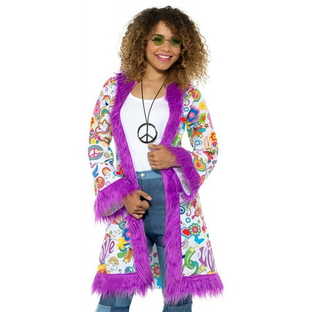 Hippie Coat Adult Costume White Print/Purple Trim -