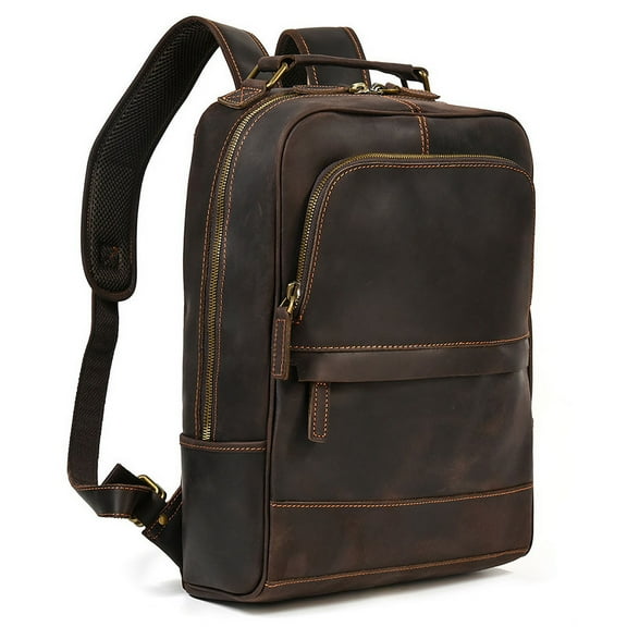 Retro Genuine Leather Backpack Men's Large-capacity Student First Layer Cowhide Travel,Dark brown