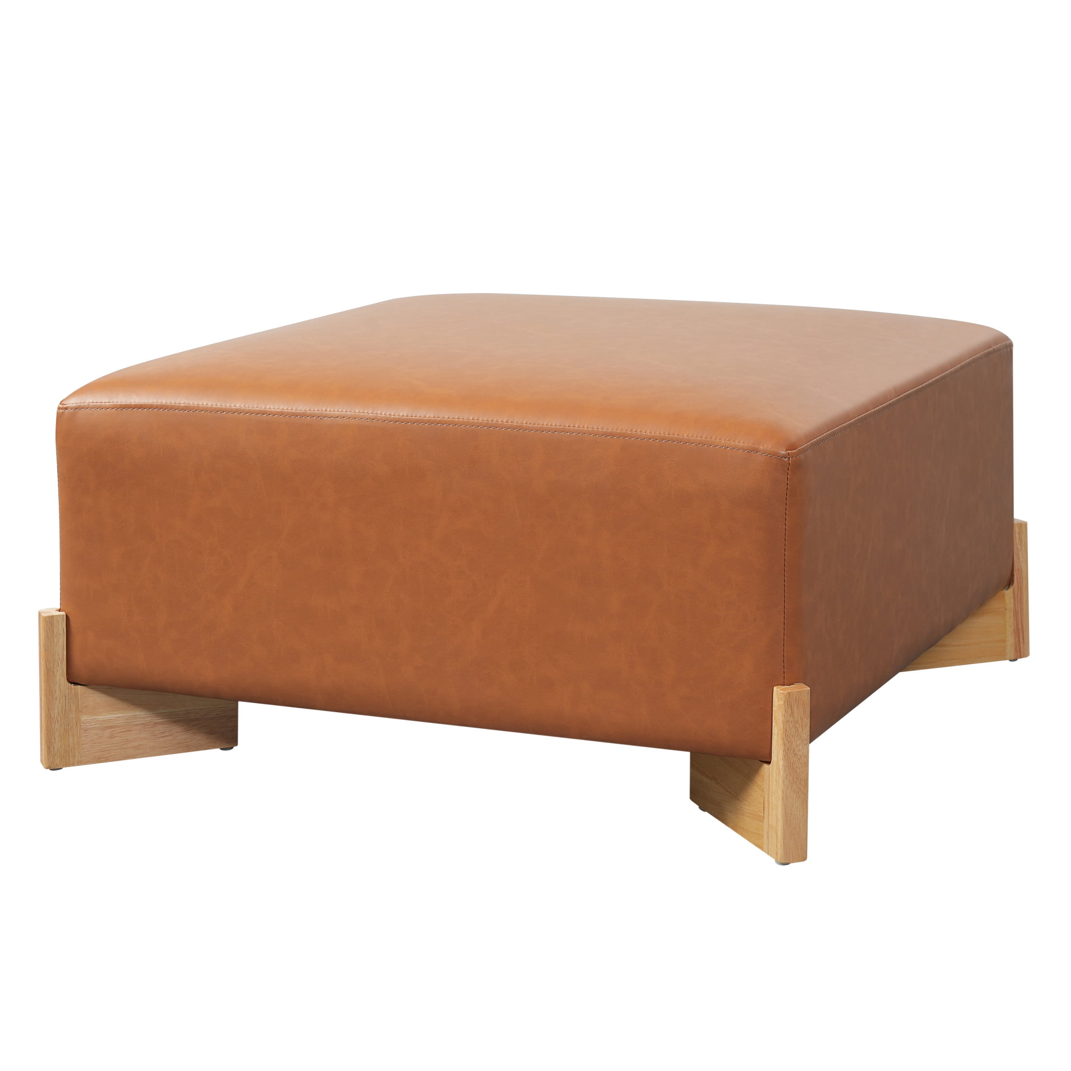 Christopher Knight Home Square PU Upholstered Ottoman with Solid Wood Legs, Brown + Tan