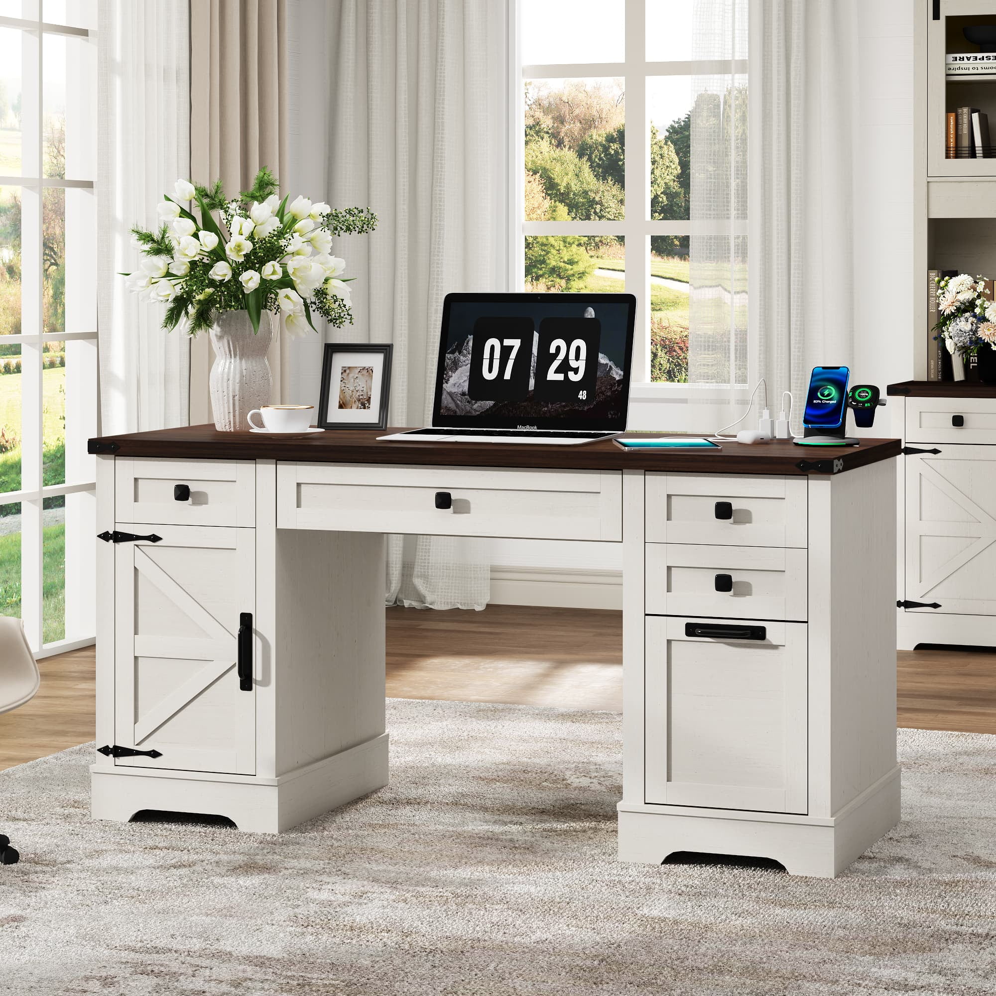 58" Farmhouse Executive Desk with 4 Drawers & Charging Station, Office Computer Desk with File Drawer, Rustic Wooden Study Desk Workstation for Home Office