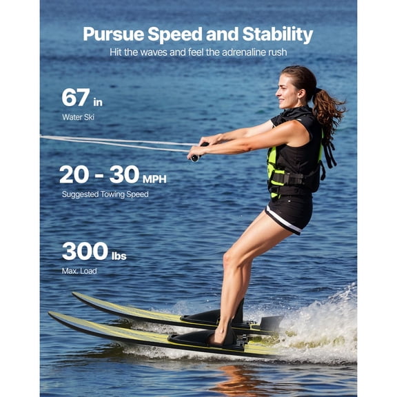 67"Water Skis,Adult Water Ski with X-9 Adjustable Horseshoe Bindings&Padded Rear Toe Plate,High-gloss UV Coating Waterskis Combo for Adults Up to 300 lbs
