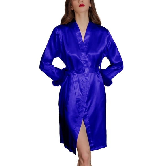 SWSMCLT Women's Satin Robe Soft Pjs Bride Summer Faux Fur Luxury V Neck Thin Valentines Day Silky House Pajamas Navy Small
