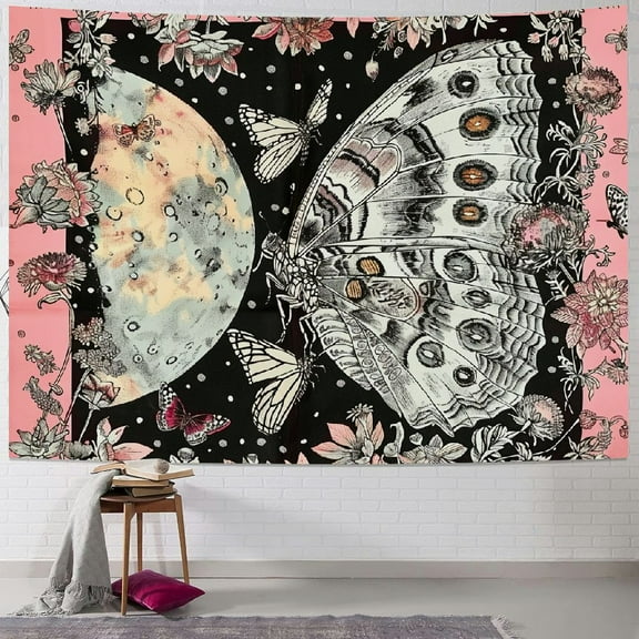 BCIIG  Aesthetic Butterfly Tapestry Boho Moth Tapestry Flowers Plants Tapestries Pink Garden Tapestry Sun and Moon Tapestry Wall Hanging Decor for Room