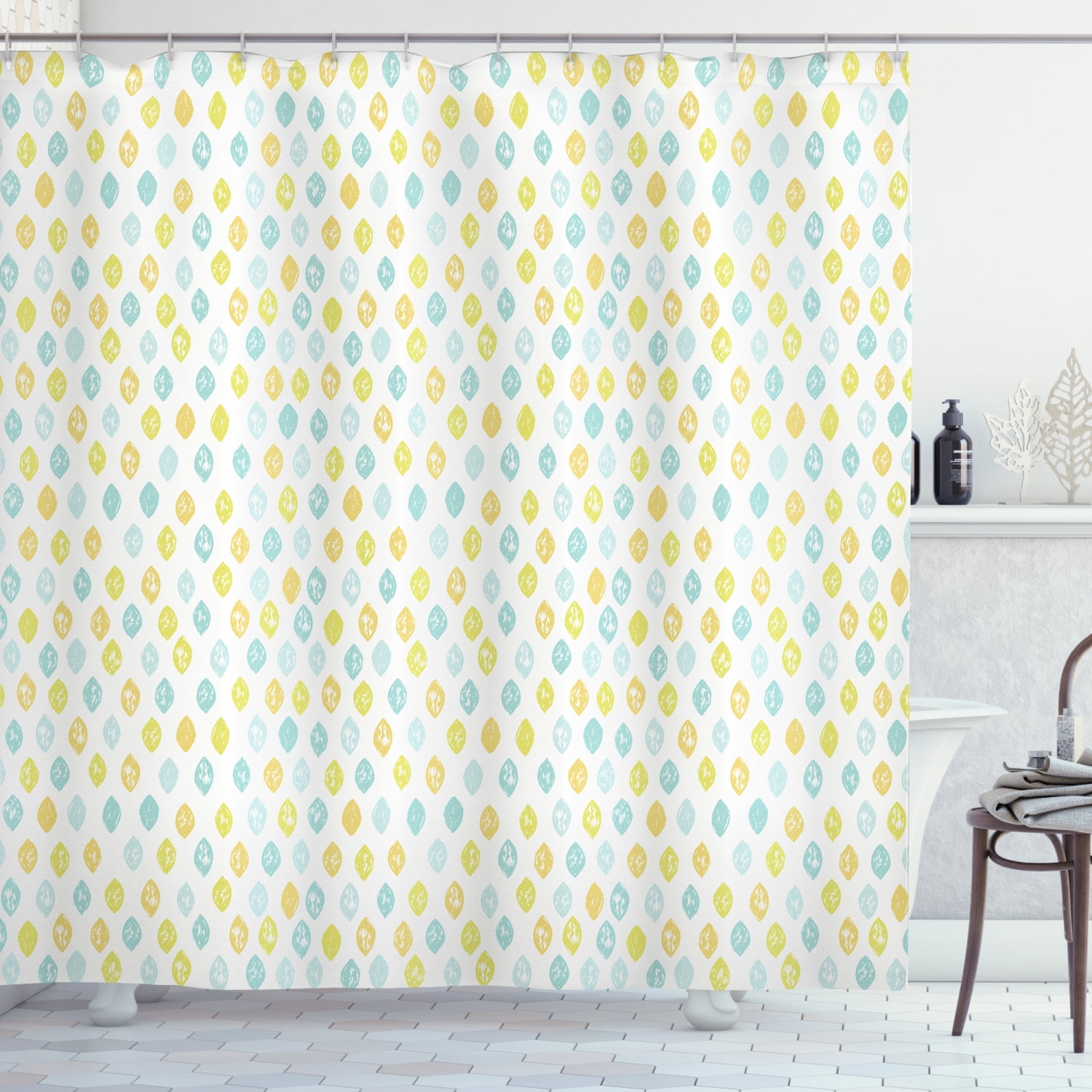 Yellow and Blue Shower Curtain, Hand Drawn Shapes Sketch Style ...