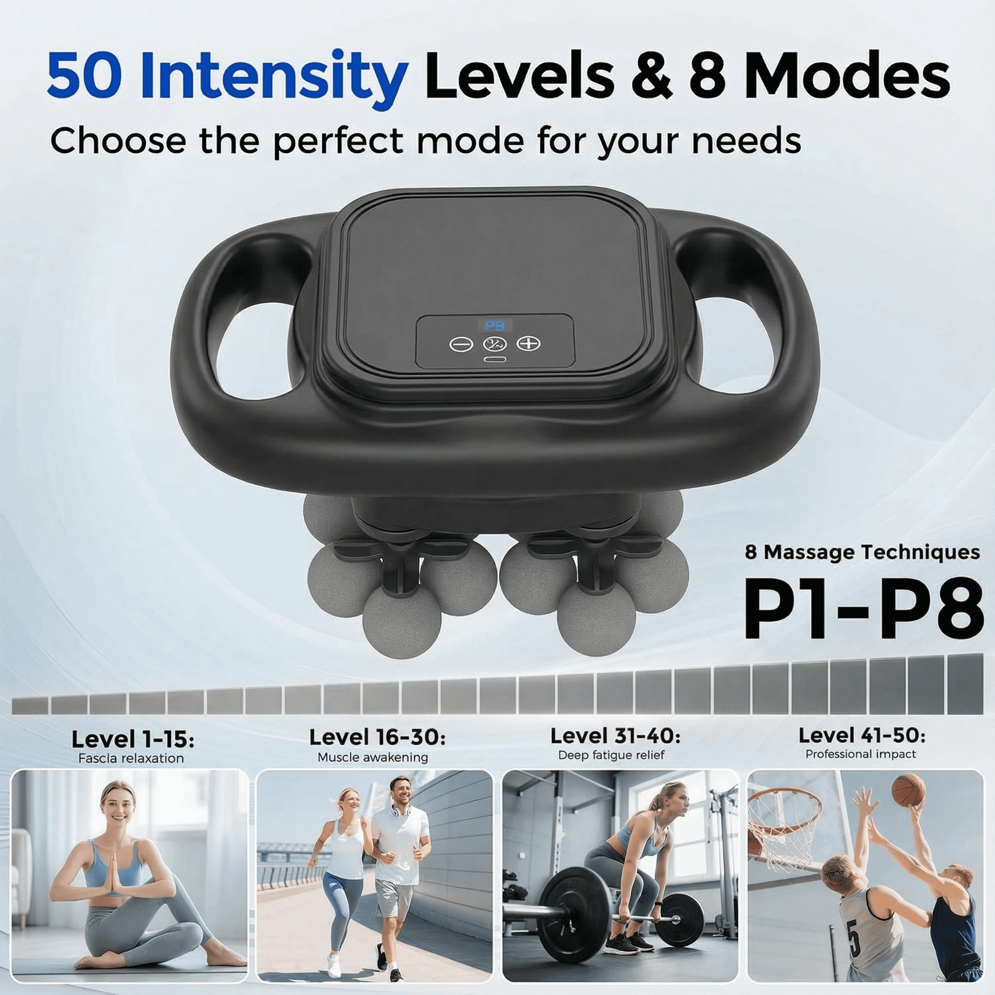16-Head Massage Gun Set, Deep Tissue Percussion Massager with 8 Modes & 50 Intensities, Portable Quiet Muscle Massage Gun for Legs, Waist, Back, Neck, Buttocks Muscles Pain Relief, Black