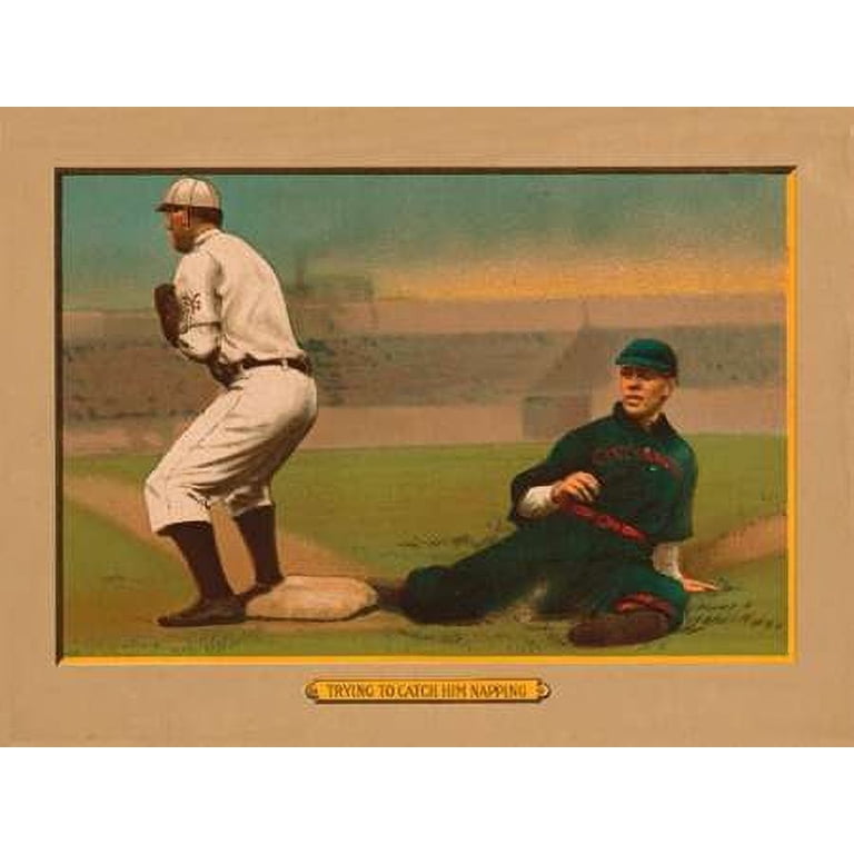 American Tobacco Company 14x12 Black Ornate Wood Framed with Double Matting  Museum Art Print Titled - Trying to Catch Him Napping, Baseball Card