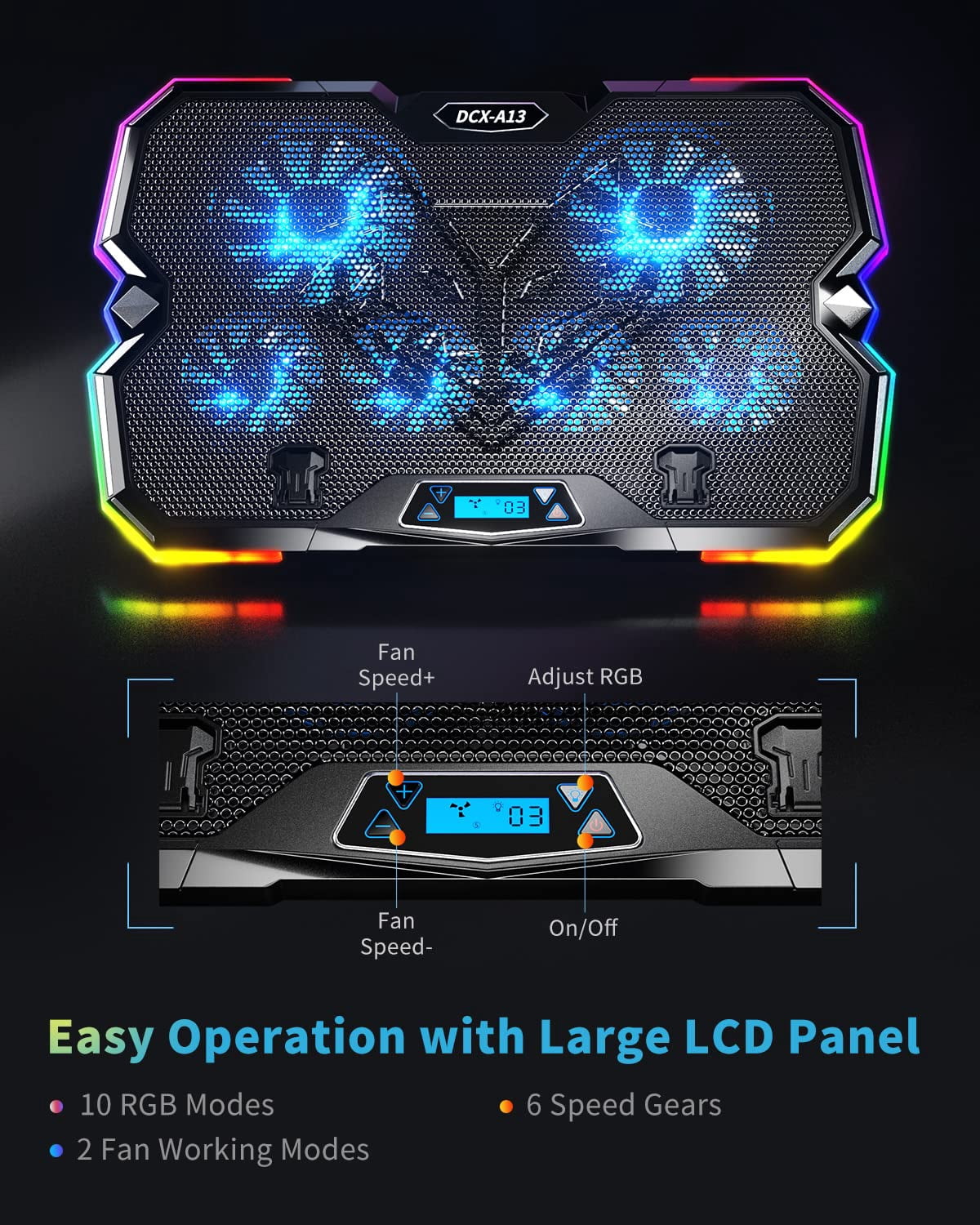 Upgrade Laptop Pad A13 Rgb Lights Cooler 6 Fans For Up To 15.6 Inch Laptops 10 Modes Light  7 Height Stands 2 Usb Ports - Blue
