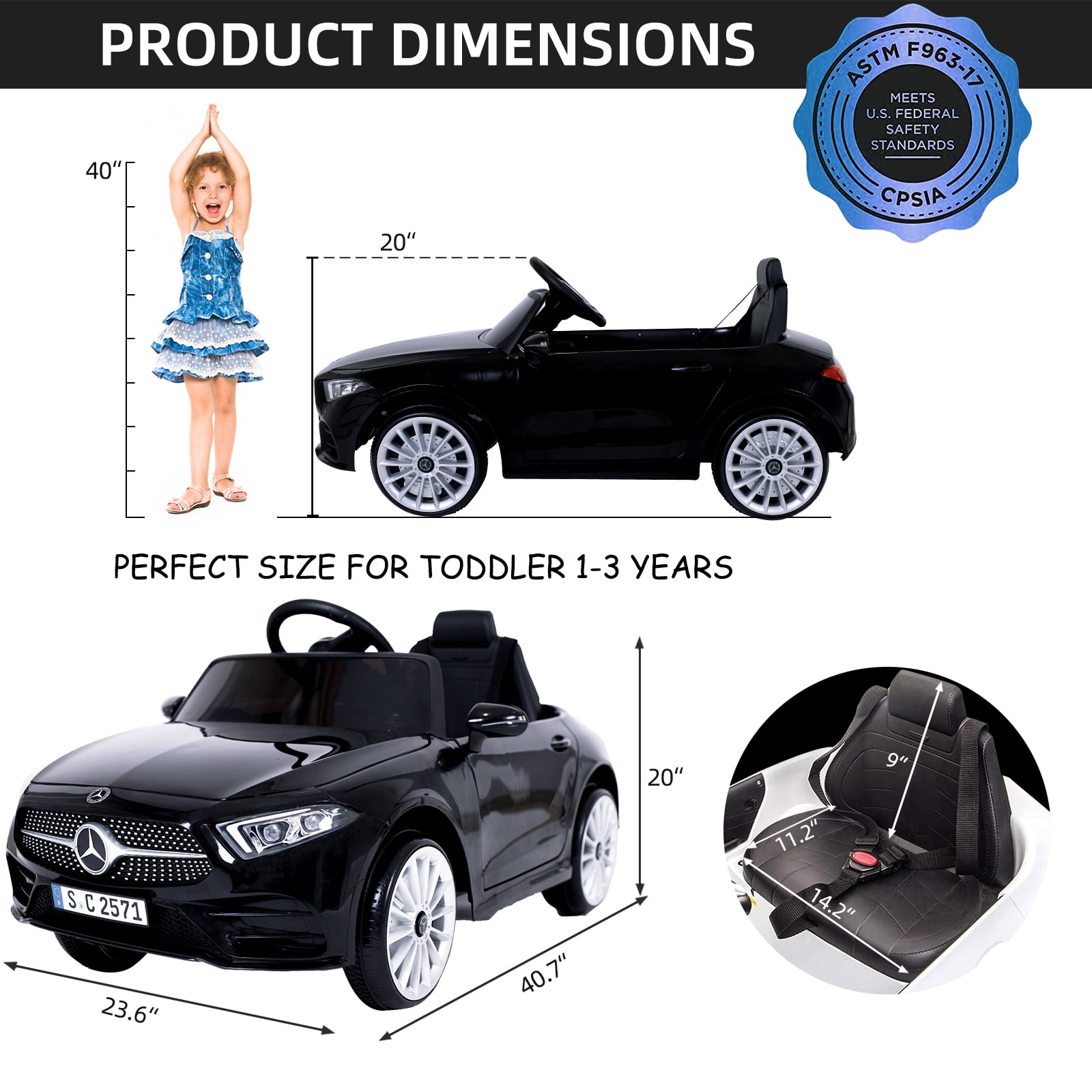 Bopilon Kids Electric Ride on Car with Remote Control, 12V Licensed Mercedes Benz Kids Car Battery Powered Electric Vehicles Toy Car, Adjustable Speed, Safety Belt, Music&LED Lights(Black)