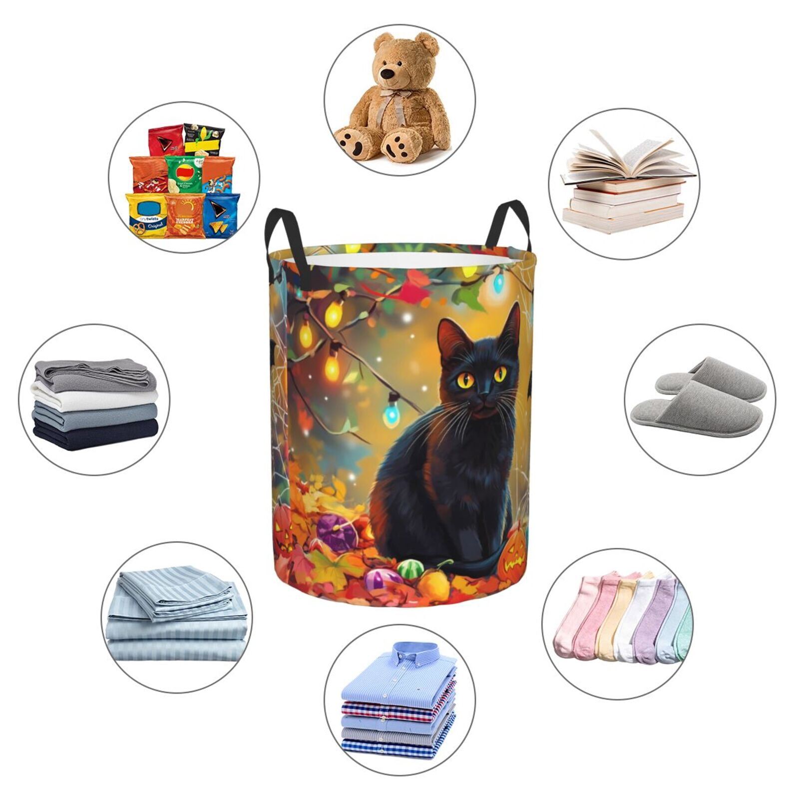 Large Laundry Basket with Handles - Halloween Colorful Maple Leaf Black Cat Kids Baby Dirty Clothes Laundry Hamper for Bedroom Aesthetic
