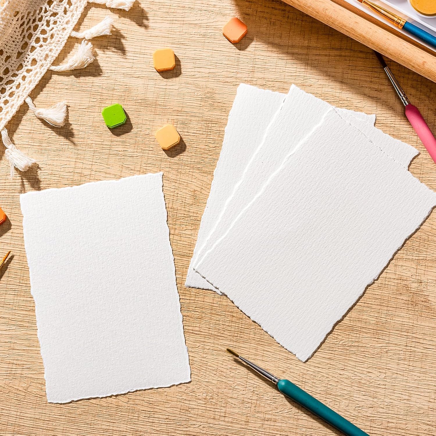 100 Sheets Watercolor Paper 4 x 6inch, 300 GSM Deckled Edge Paper Rough/Textured Handmade Paper for Watercolors, Wedding Invitations, Cards, Crafts