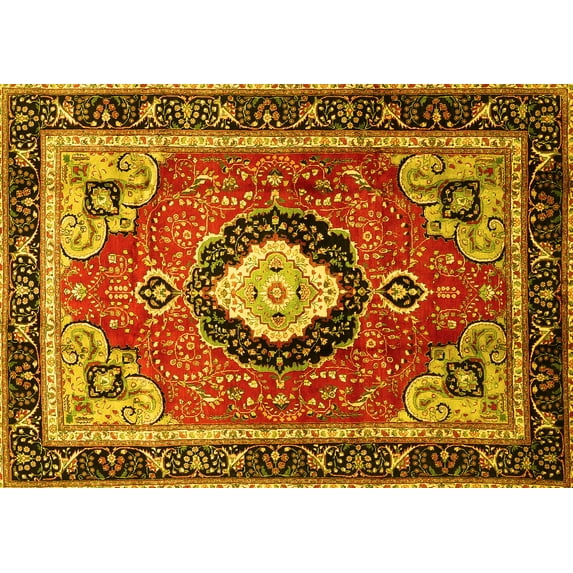 Ahgly Company Machine Washable Indoor Rectangle Medallion Yellow Traditional Area Rugs, 3' x 5'