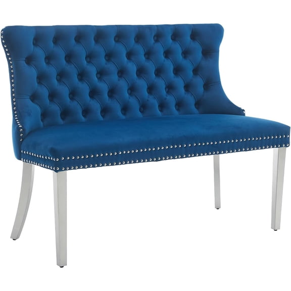 LQLI Velvet Dining Bench with Back, Tufted Banquette Seating, Silver Legs | Upholstered loveseat bench; tufted back; nailhead trim; 500 lb capacity; foam and spring seat; dining room or entryway