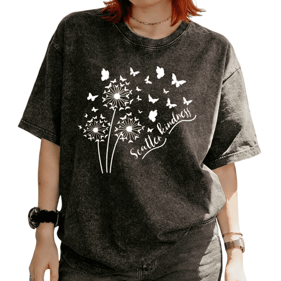 Cozymy Women's Scatter Kindness Dandelion Butterfly Floral Graphic Tops Washed Short Sleeve T-Shirt Cotton