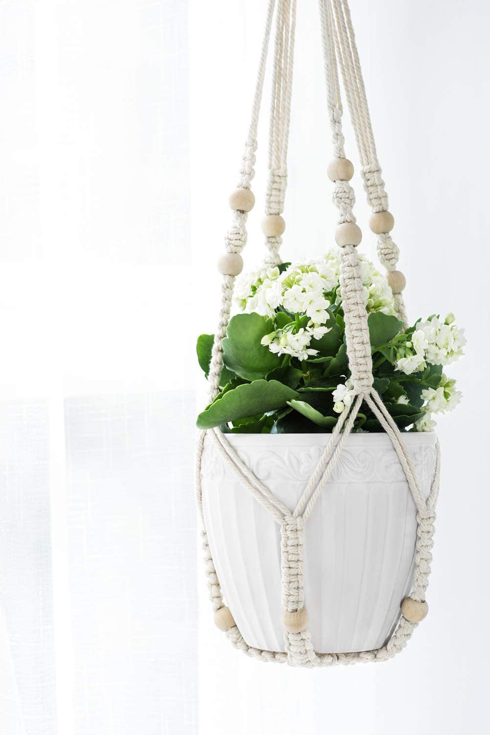 Mkono 2Pcs Macrame Plant Hangers Indoor Outdoor Hanging Planter Basket Cotton Rope with Beads No Tassels 35 Inch 