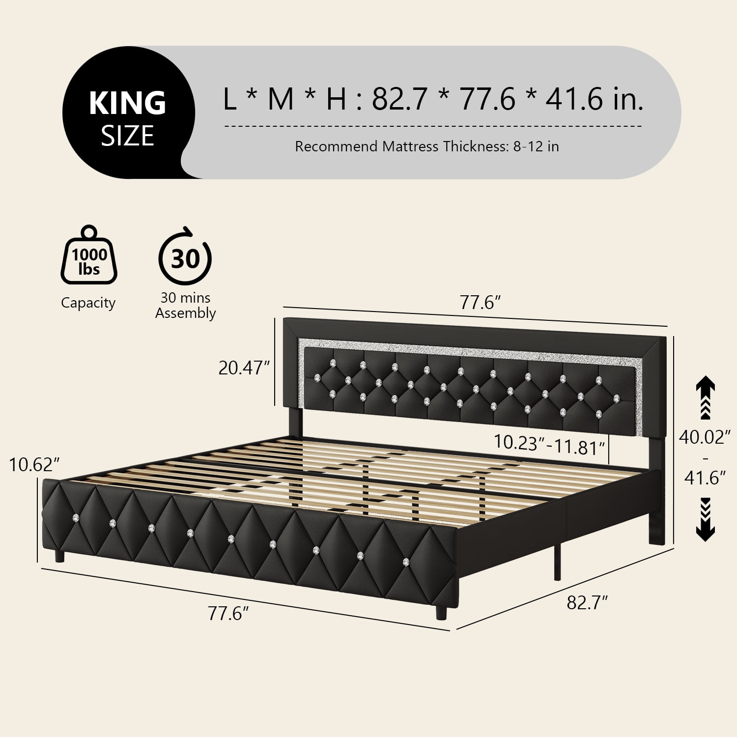 4 EVER WINNER King Bed Frame, Upholstered Platform Bed Frame with Headboard and Footboard, Diamond Headboard and Footboard Design, Black