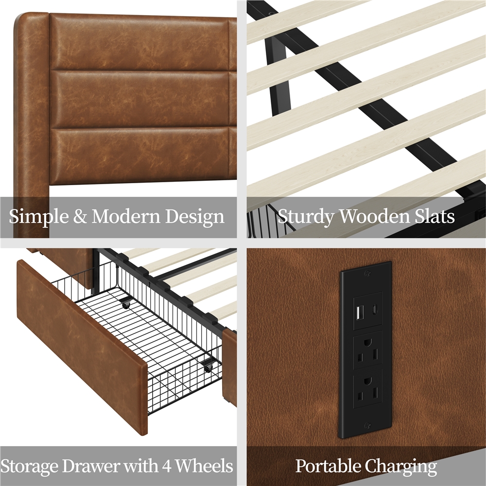 Yaheetech Upholstered Platform Bed Frame with Three Storage Drawers, Queen, Amber Brown