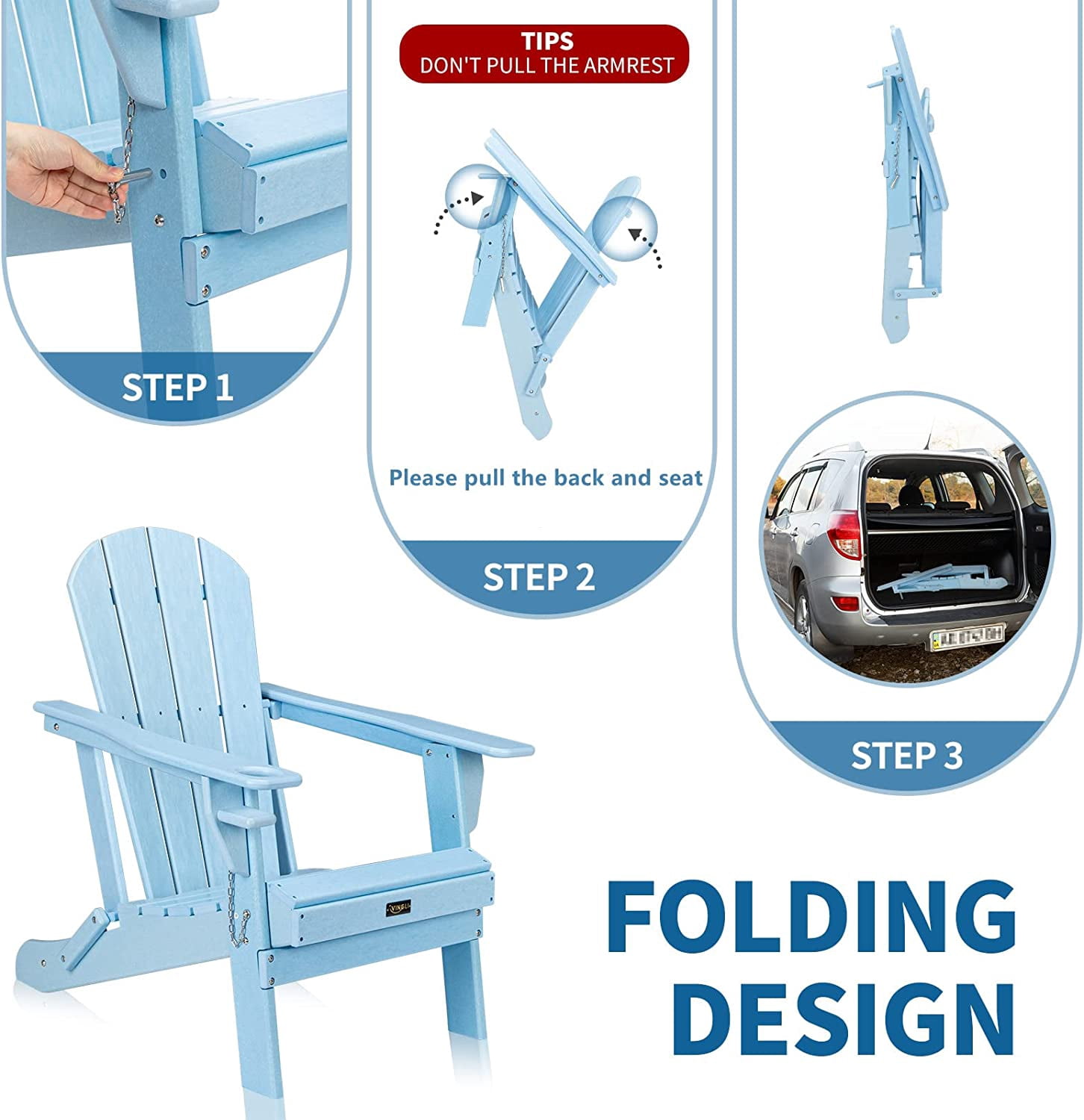 VINGLI HDPE Adirondack Chair, Blue with Cup Holder