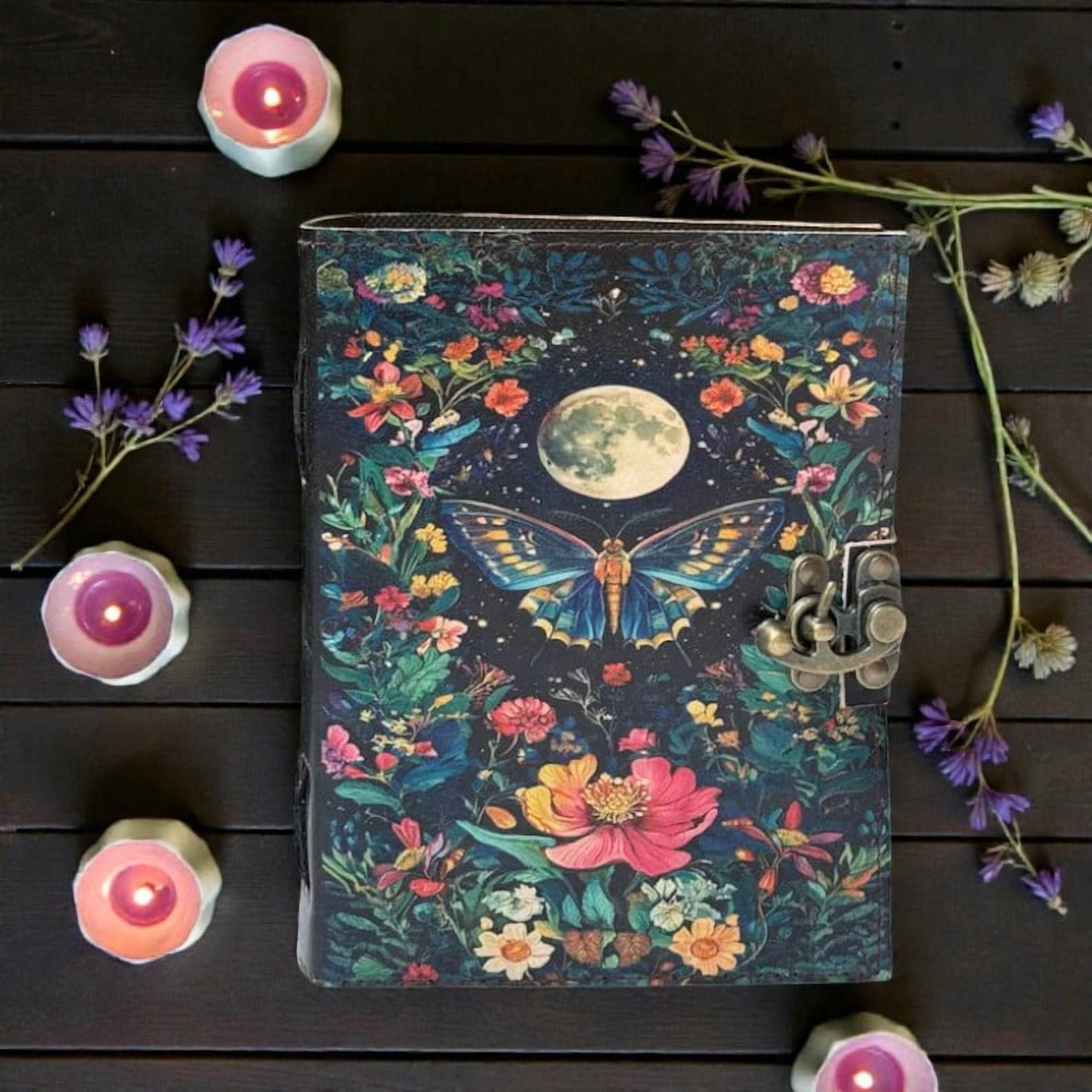 Handmade Leather Journal 5x7 Inches – Moon & Butterfly Floral Notebook, 200 Deckle-Edge Pages, Vintage Lock, Artisan Writing Diary