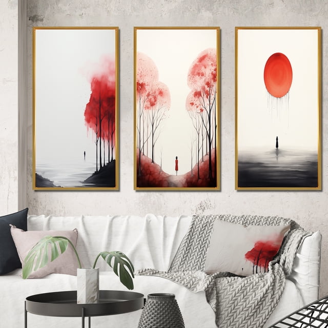 Designart "Minimal Serenity Moonlit Wanderings II" Abstract Landscape Framed Wall Art Set Of 3 - Red Abstract Landscapes Frame Canvas Set For Living Room Decor