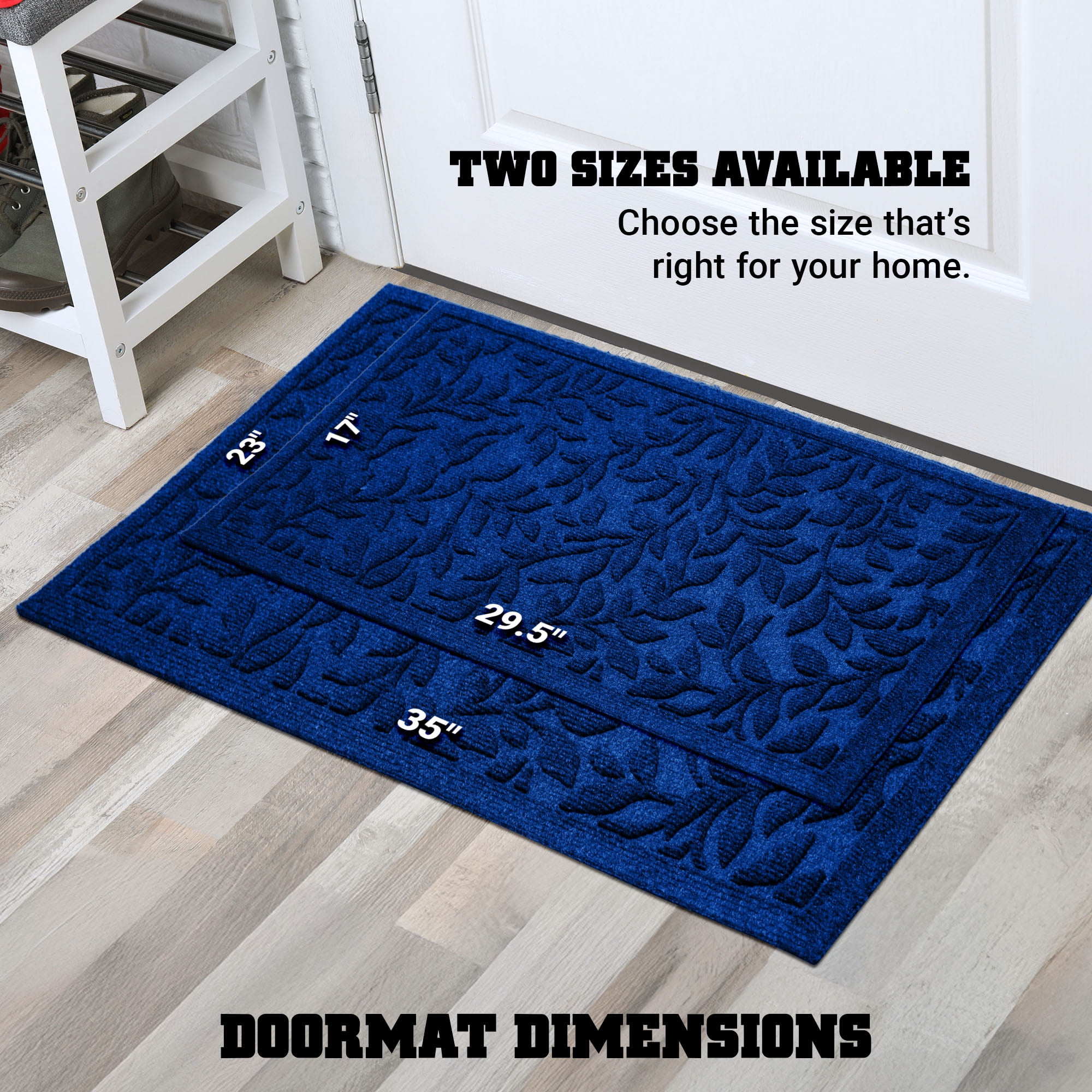 G128 23x35in Blue Floral Leaf Welcome Mat, Outdoor Front Door Rug for Entryway, Durable Doormat for Porch, Patio, or Indoor/Outdoor Use
