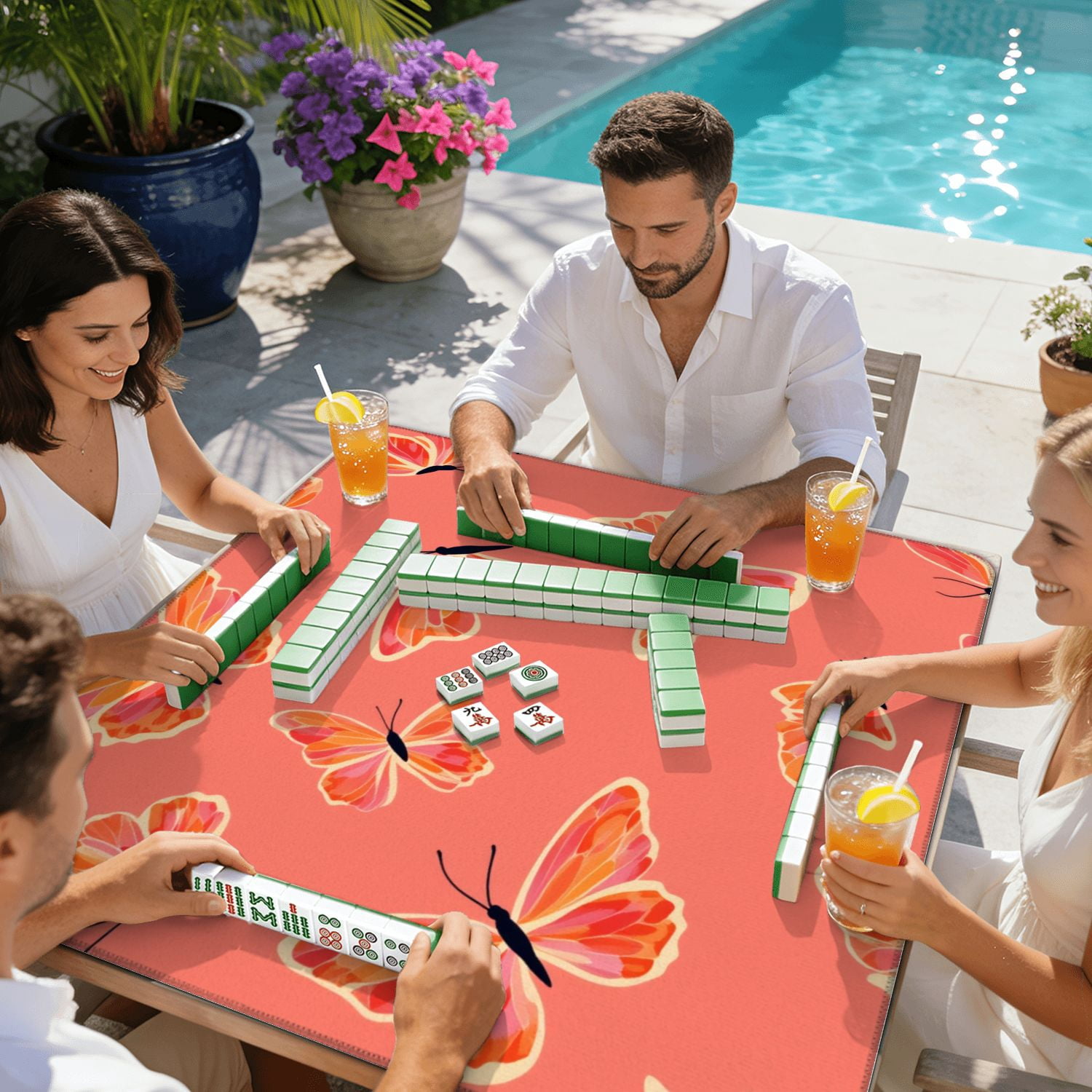 Mahjong Mat 31.5" x 31.5" Seamless butterflies coral color design butterfly Non-Slip Noise Reduction American Mahjong Tiles Table Cover for Dominoes Poker Card Board Games Gift