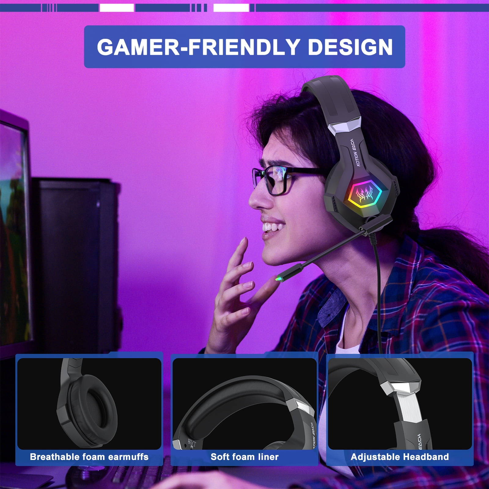 Gaming Headset 3.5MM Wired for PS5 PS4 Switch Xbox One PC with RGB Light,Noise Canceling Mic,Surround Sound,Over Ear Muffs Gaming Headphones,Black