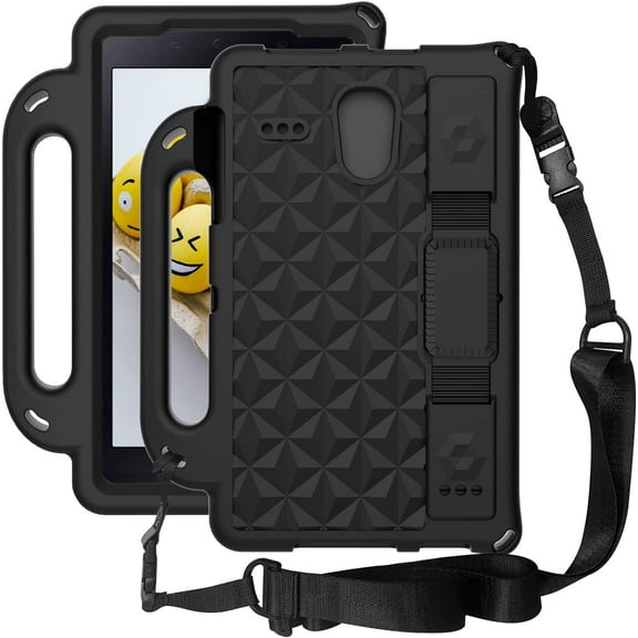 Feishell For Samsung Galaxy Tab A 8.0 Tablet 2017 Release Model SM-T380/T385 Pencil Holder Adjustable Shoulder/Hand Strap Kickstand Rubber Three Layer Convertible Handle Cover Kids Friendly, Black