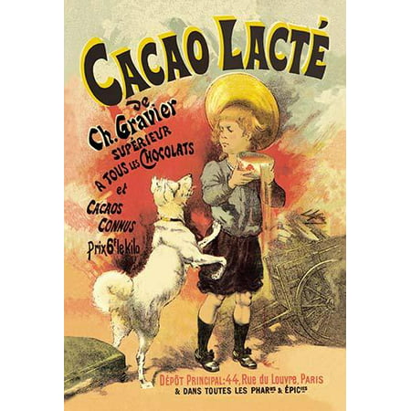 Vintage French advertising poster for a chocolate candy company entitled Cacao Lacte It features a young boy trying is best to keep his bowl of hot chocolate away from the eager dog  Little is known