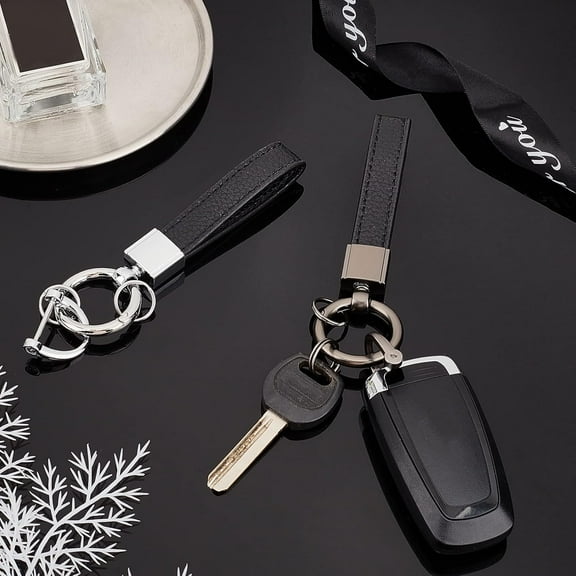 PU Leather Car Keychain 2 Colors Universal Key Chains 5.3" Car Key Fob Holder Rotate Anti-lost Wristlet Strap with D-Rings Split Rings Screwdriver Gunmetal/Platinum