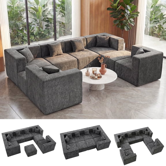 BEHOST 130" 8-Piece Modular Sectional Sofa, Boneless Cloud Couch with Extra Deep Seats, Washable Chenille Sofa Set for Living Room, Chenille Dark Gray