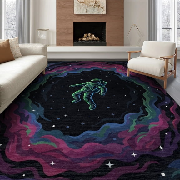 ODIKA 8'x10' Washable Area Rug Star Design With Cosmic Nebula Border Space Astronaut Galaxy Playful Expressive for Living Room, Under Sectional, Family , Durable, Non-Slip